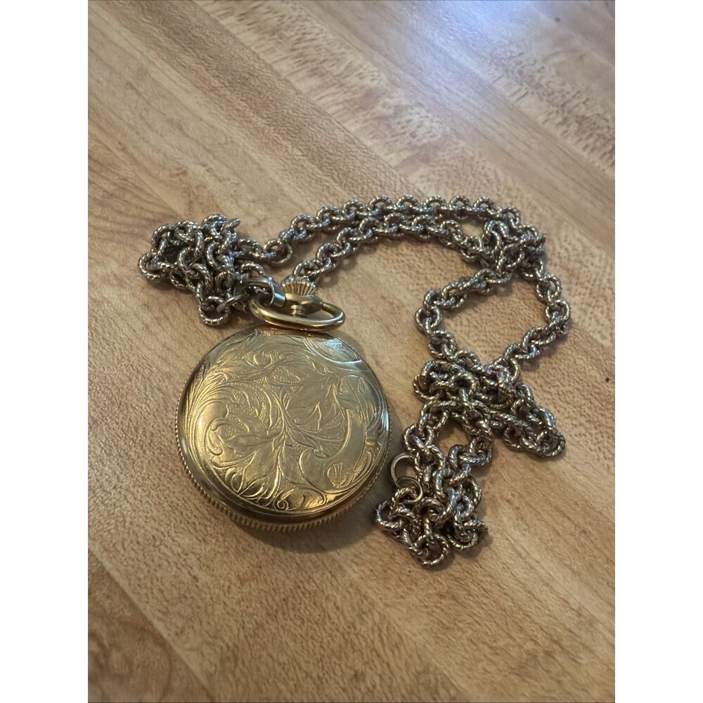 Bullova Caravelle MINI Full Hunter Manual Pocket Watch Chain Vintage Gold Tone
